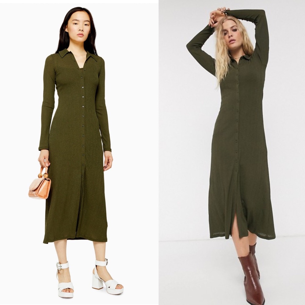 Top Shop Midi Dress Cardigan Style Button Down Ribbed Green NWOT - Picture 2 of 10